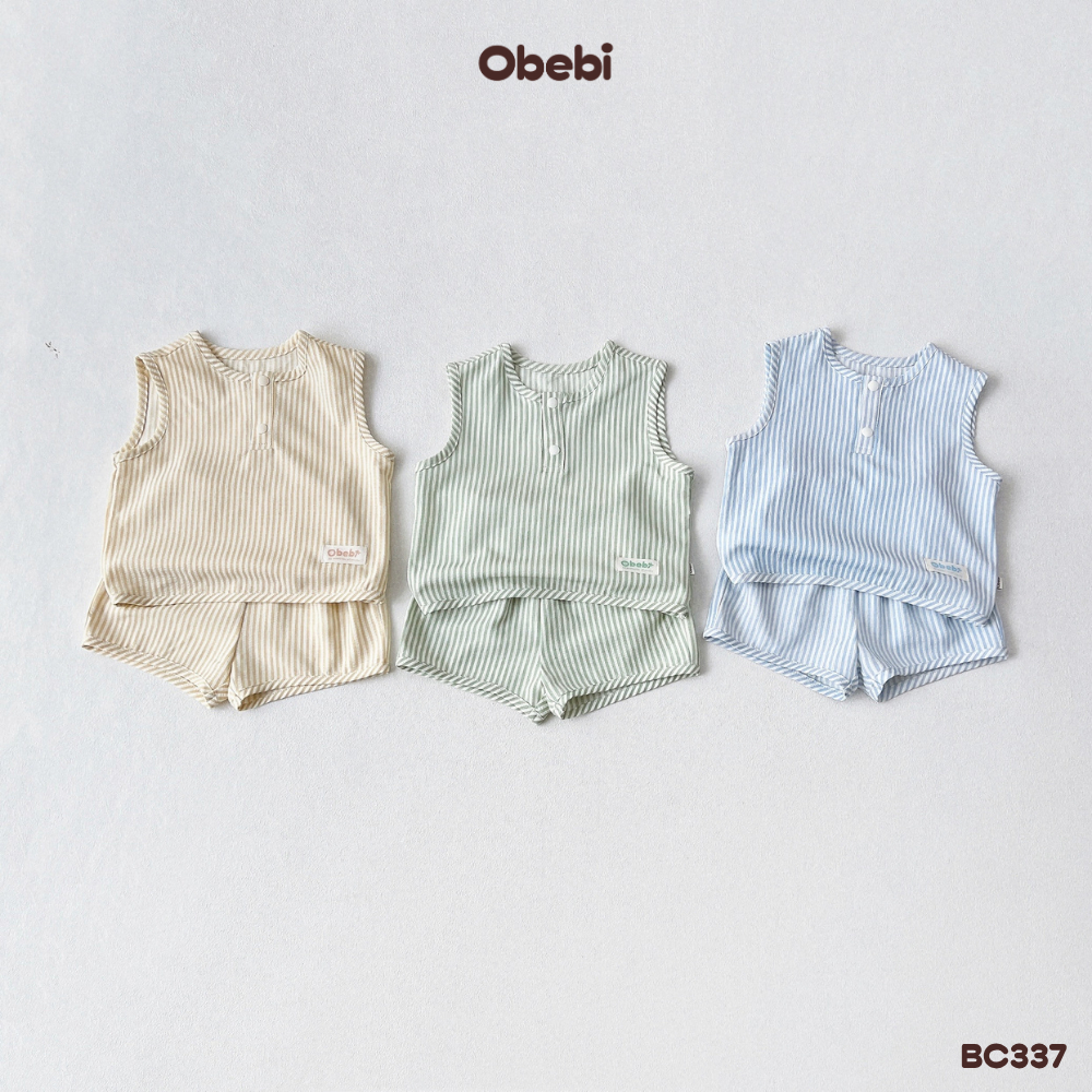 Bộ Ba Lỗ Sơ Mi Hoa Tiết Kẻ Sọc Mùa Hè Obebi Cho Bé Trai, Bé Gái từ 8-22KG BC337
