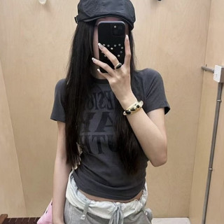 Open YY Vintage Letter in vòng cổ ngắn tay áo T-Shirt nữ mỏng phù hợp với phong cách giản dị