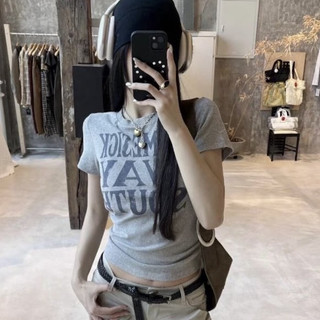 Open YY Vintage Letter in vòng cổ ngắn tay áo T-Shirt nữ mỏng phù hợp với phong cách giản dị