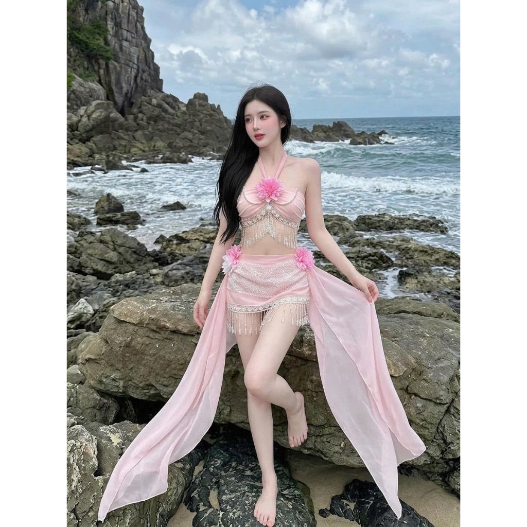 [BKN T03] Set Bikini đi biển ÁO TUA RUA NGỌC kèm khăn  Đính Hoa Cao Cấp Đẹp Quyến Rũ ,Sang Trọng HAN.T SHOP