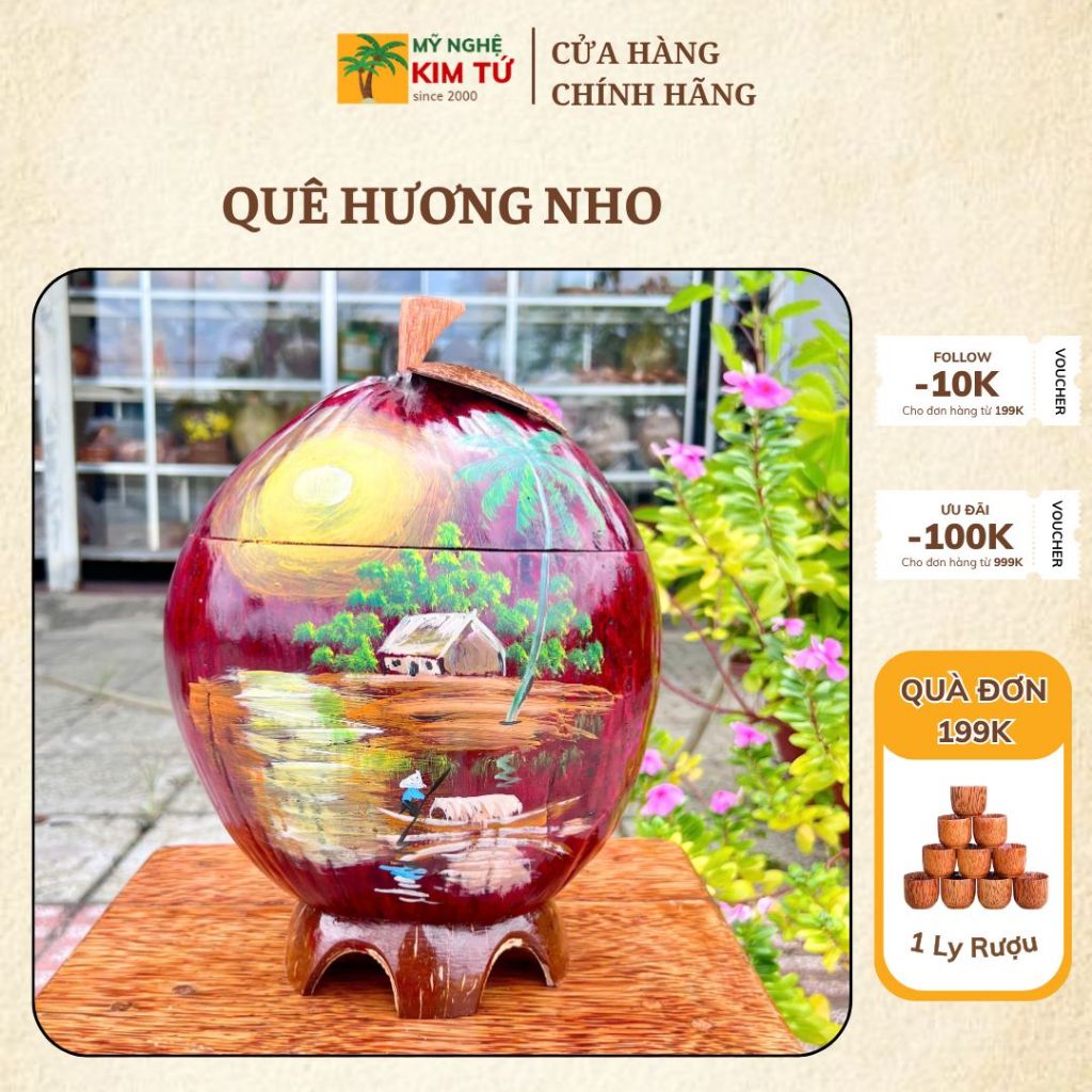 [ SIZE 800ML - 1000ML ] Bình Ủ Trái Dừa Vẽ Thư Pháp QUÊ HƯƠNG NHO Giữ Nhiệt Ấm Trà Cao Cấp, Trang Trí Bàn Trà Sang