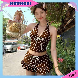 HB27-(S-M-L) set bikini đi biển chấm bi nâu 3món áo cổ yếm kèm chân váy rút dây và quần bikini