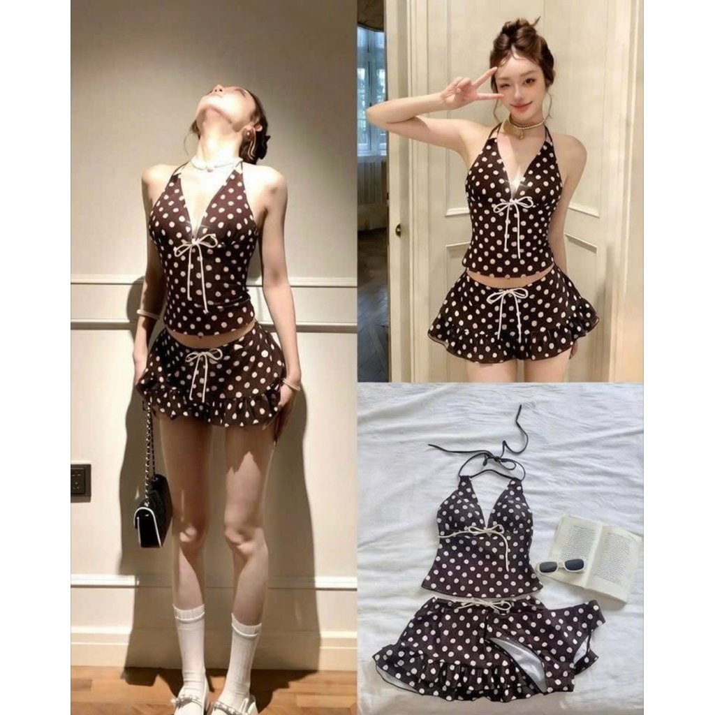 HB27-(S-M-L) set bikini đi biển chấm bi nâu 3món áo cổ yếm kèm chân váy rút dây và quần bikini