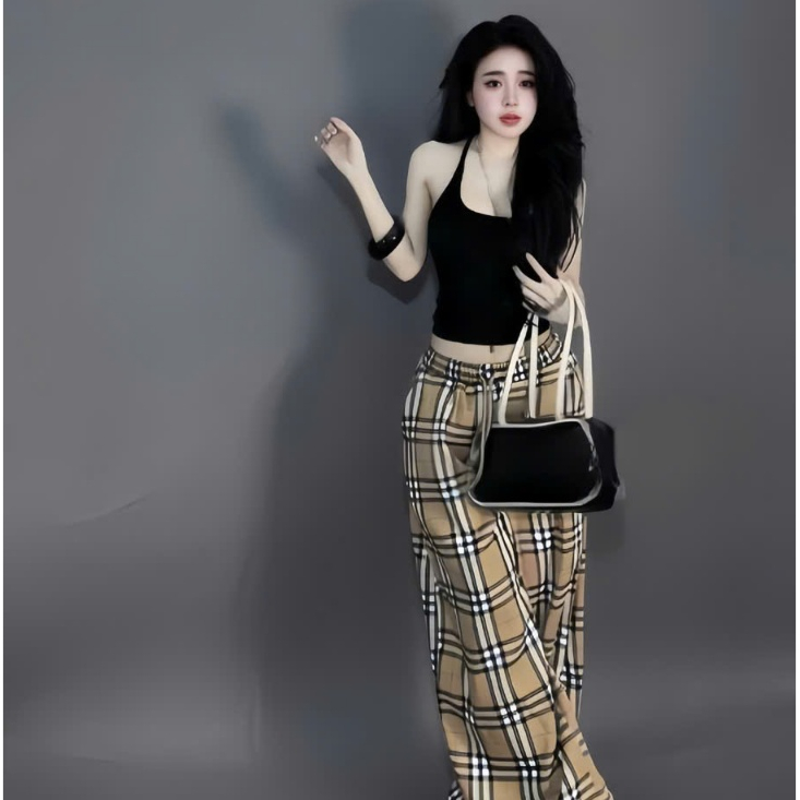 Sét áo yếm có mút chất thun tăm phối quần caro chất kate,thời trang