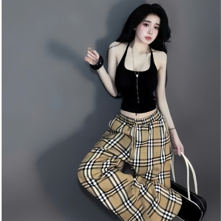 Sét áo yếm có mút chất thun tăm phối quần caro chất kate,thời trang