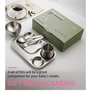 Set Ăn Dặm [478] Inox 304 Mẫu Gấu Cho Bé, 5 Món Gồm Bát, Khay, Cốc, Thìa, Nĩa  chống nóng dễ dùng có hộp
