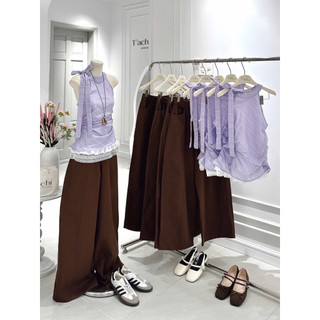SEP House - Set áo sọc tím cột nơ vai phối viền ren trắng bèo kèm quần suông dài nâu ống rộng năng động, trẻ trung