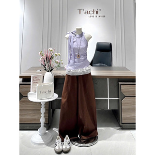 SEP House - Set áo sọc tím cột nơ vai phối viền ren trắng bèo kèm quần suông dài nâu ống rộng năng động, trẻ trung