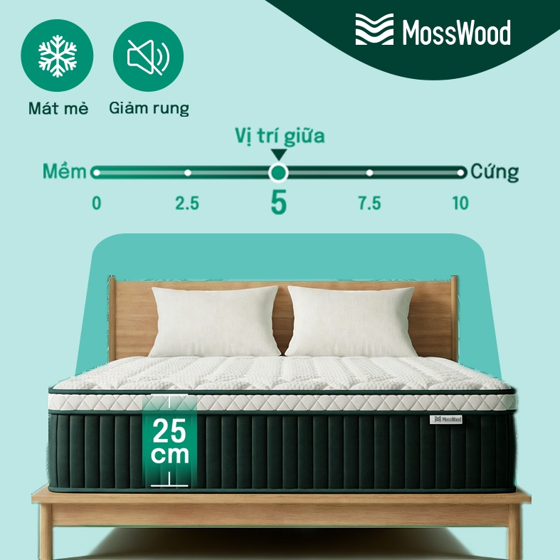 Nệm lò xo cao cấp MOSSWOOD 25cm mềm mại thoải mái, chống rung lắc và không gây tiếng động, hỗ trợ nhận hàng thanh toán