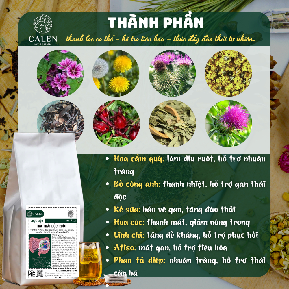 Trà thải độc ruột thương hiệu Calen chính hãng giúp giảm táo bón, nhuận tràng, hỗ trợ tiêu hóa và giảm cân bịch 30 lọc