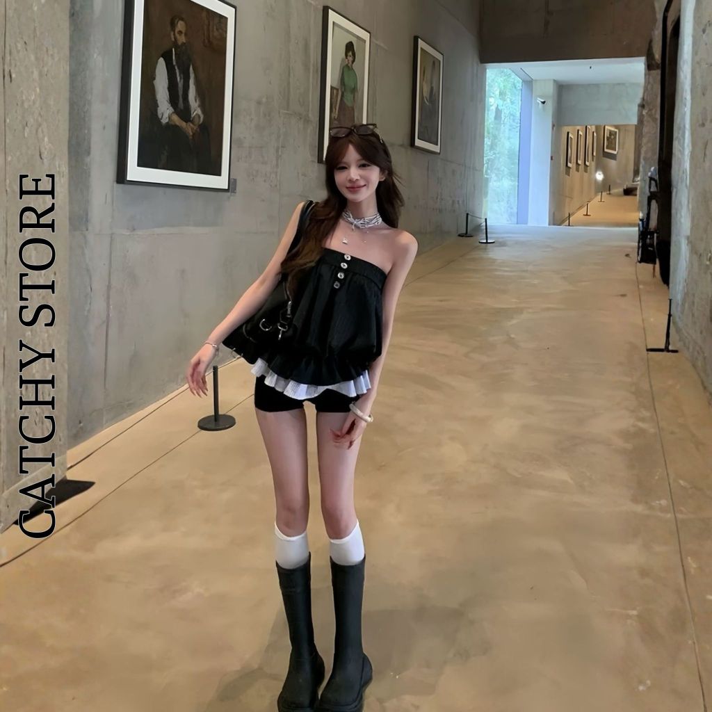 Set áo quây bí kẻ sọc nhún bèo tầng quần short đen tiểu thư sang chảnh CATCHYstore