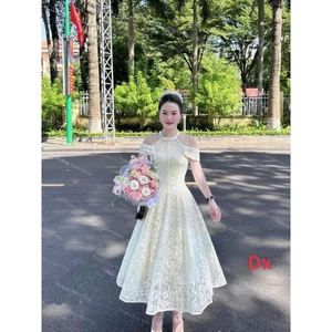 Đầm ren trắng nữ dáng xòe trễ vai thanh lịch dự tiệc cưới chụp ảnh tiểu thư sang chảnh hot trend