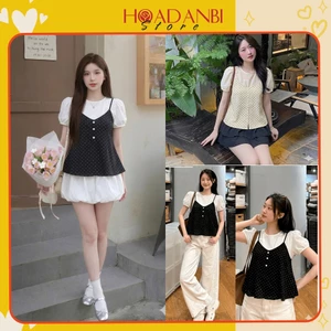 Set Áo Chấm Bi Phối Áo Sơ Mi Tay Bồng phong cách Hàn Quốc Có Ảnh Thật, Set áo nhung tiểu thư