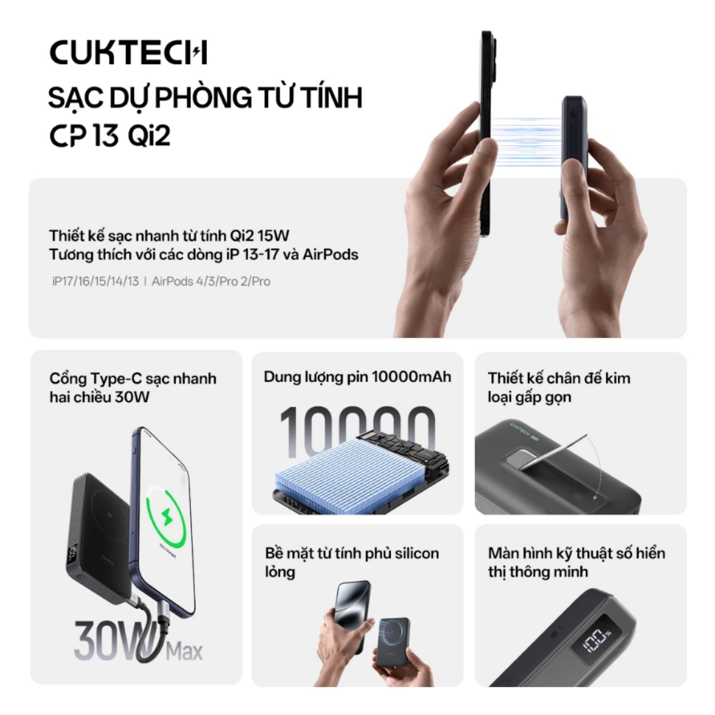 Cuktech CP13 Sạc Không Dây 10000mAh 30W QI2 WPB100 - Bảo Hành 18 Tháng | BigBuy360 - bigbuy360.vn