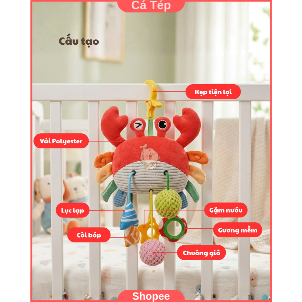 Đồ chơi treo nôi, xe đẩy kích thích giác quan cho bé, vải mềm, có kẹp tiện lợi - Cua