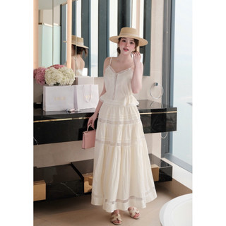 Set Thô Ren Áo 2 Dây Chun Eo Mix Chân Váy Maxi Chuẩn Linh Hoàng
