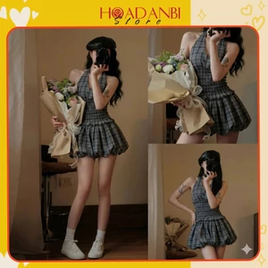 Váy cổ yếm kẻ dáng bí lưng chun Hoadanbistore_ Đầm hở vai bo chun tôn eo Hàn Quốc thiết kế trendy