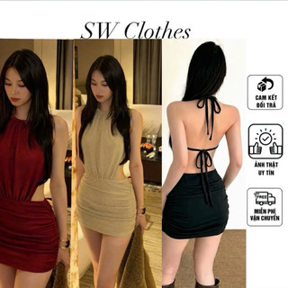 Đầm body cột yếm hở hết lưng cột nơ dáng ngắn sang chảnh thun ladong ( sẵn mút )