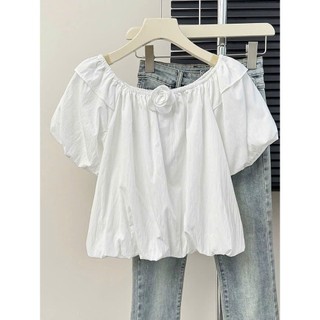 Áo bí nữ cổ thuyền trễ vai tay bồng tiểu thư BOY phối nơ hoa rời cổ viền chun hàng Quảng Châu.