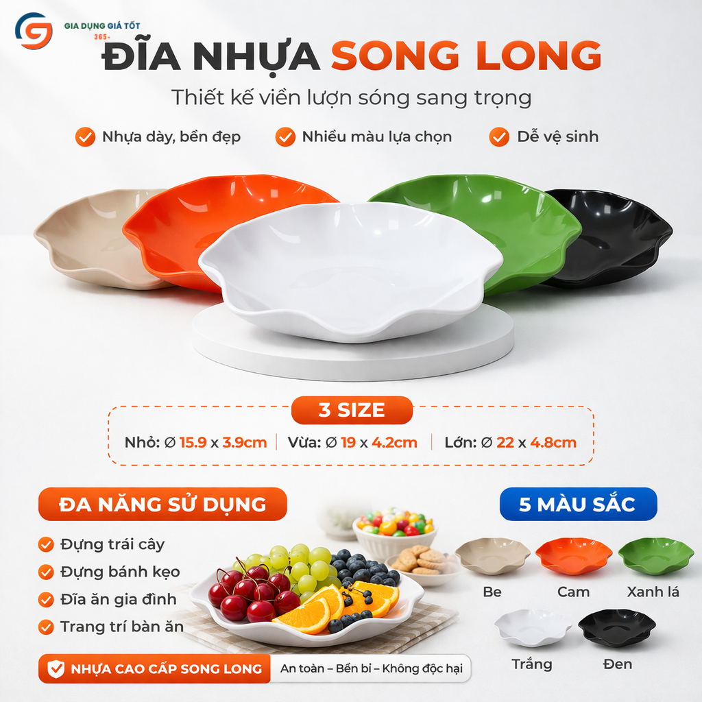 Đĩa hoa nhựa phíp tròn Song Long - đĩa đựng thức ăn, bánh kẹo, hạt dưa tiện lợi