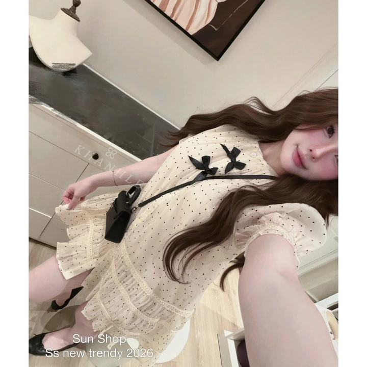 Váy Nữ, Váy Đi Biển, Váy Babydoll Chấm Bi Đính Nơ Pha Chân Ren Dáng Xòe Sang Chảnh Loại 1 HCM Ms780