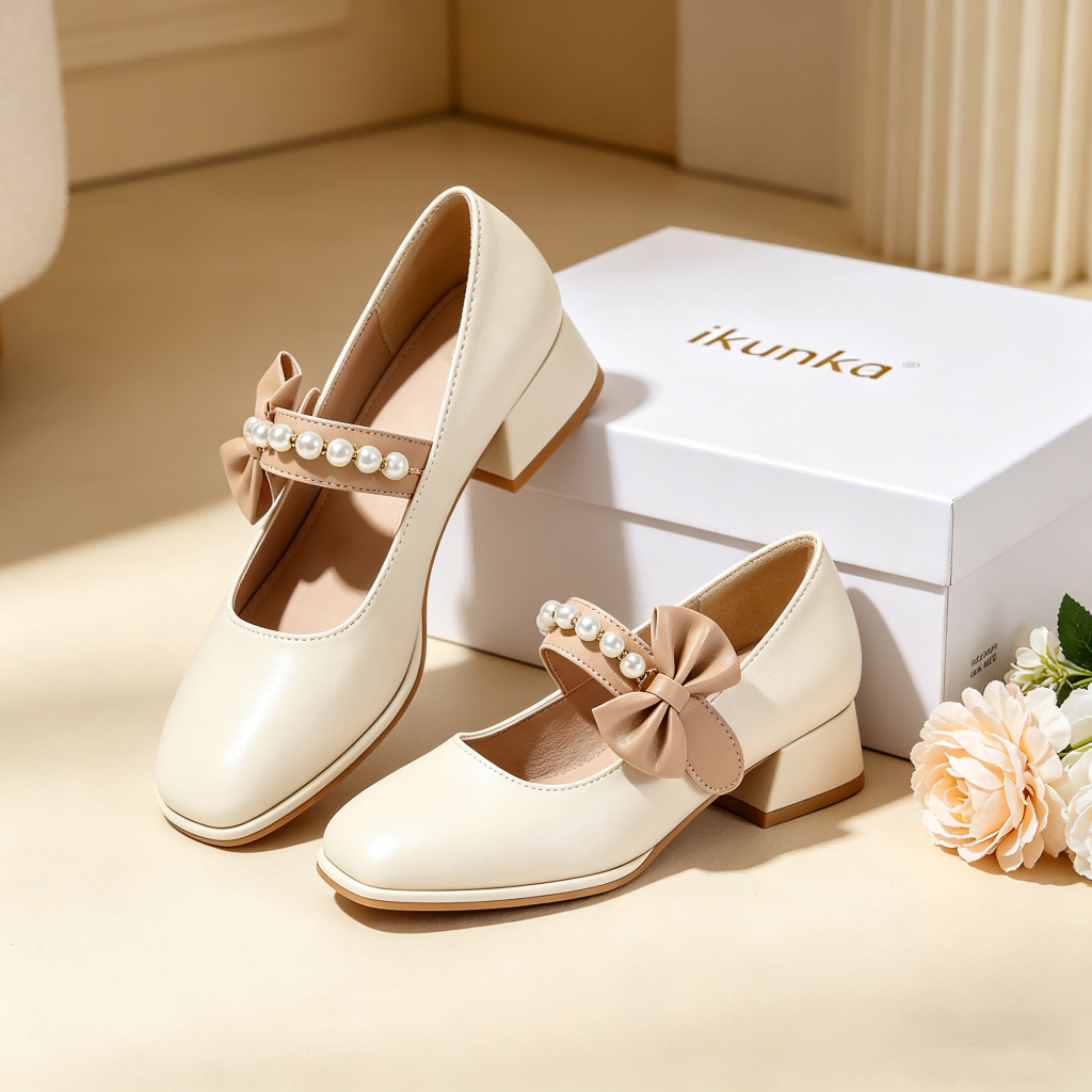IKUNKA Giày Mary Jane gót cao 3 cm của IKUNKA, thoải mái và dễ phối đồ, điểm xuyết nơ ngọc trai