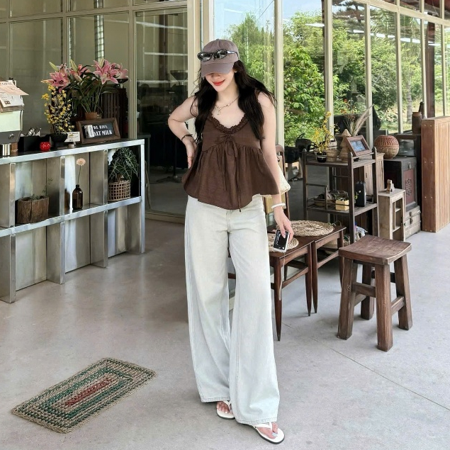 (ẢNH OLDSCHOOL) Áo 2 dây đũi vân mây dáng babydoll xoè Lalaa Top.