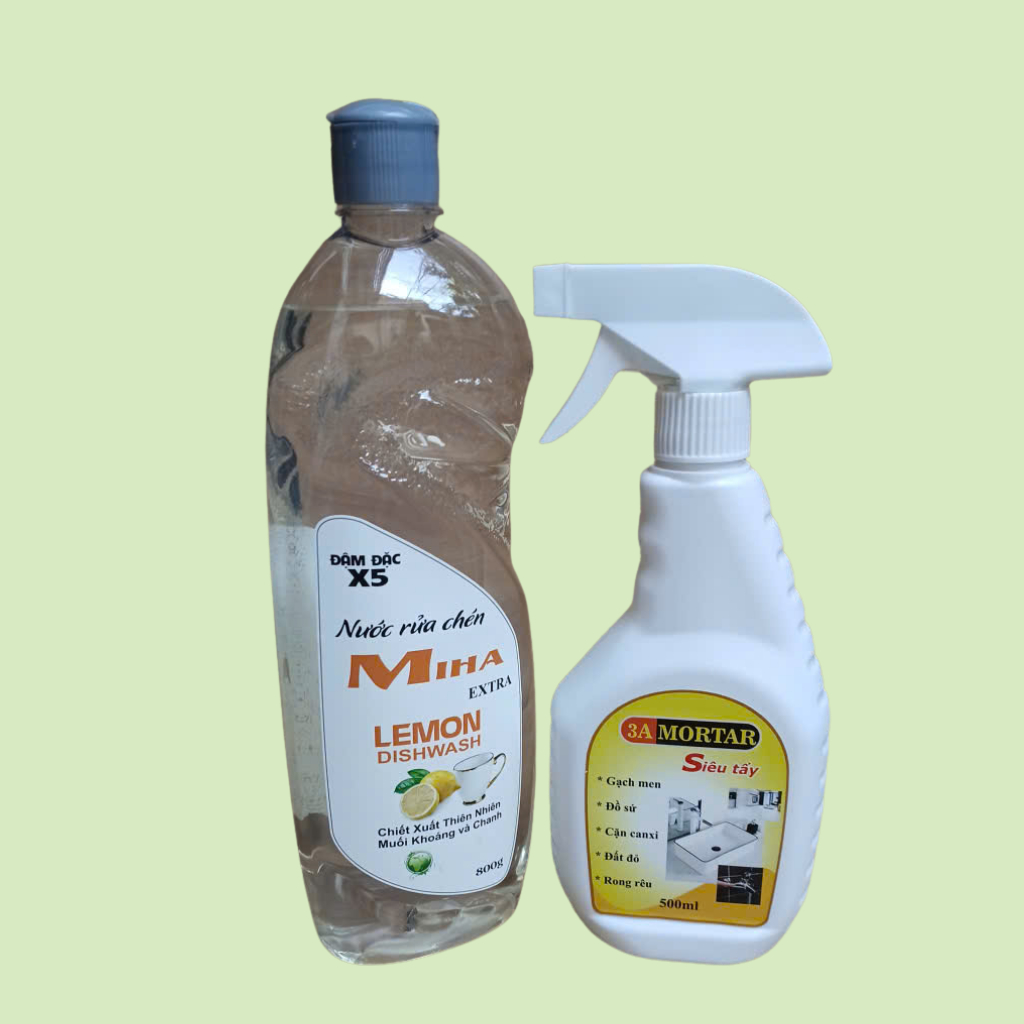 Combo Nước rửa chén Miha Extra X5 800gr + Tẩy gạch men sứ 3A Mortar 500ml – Rửa Chén Sạch Bóng