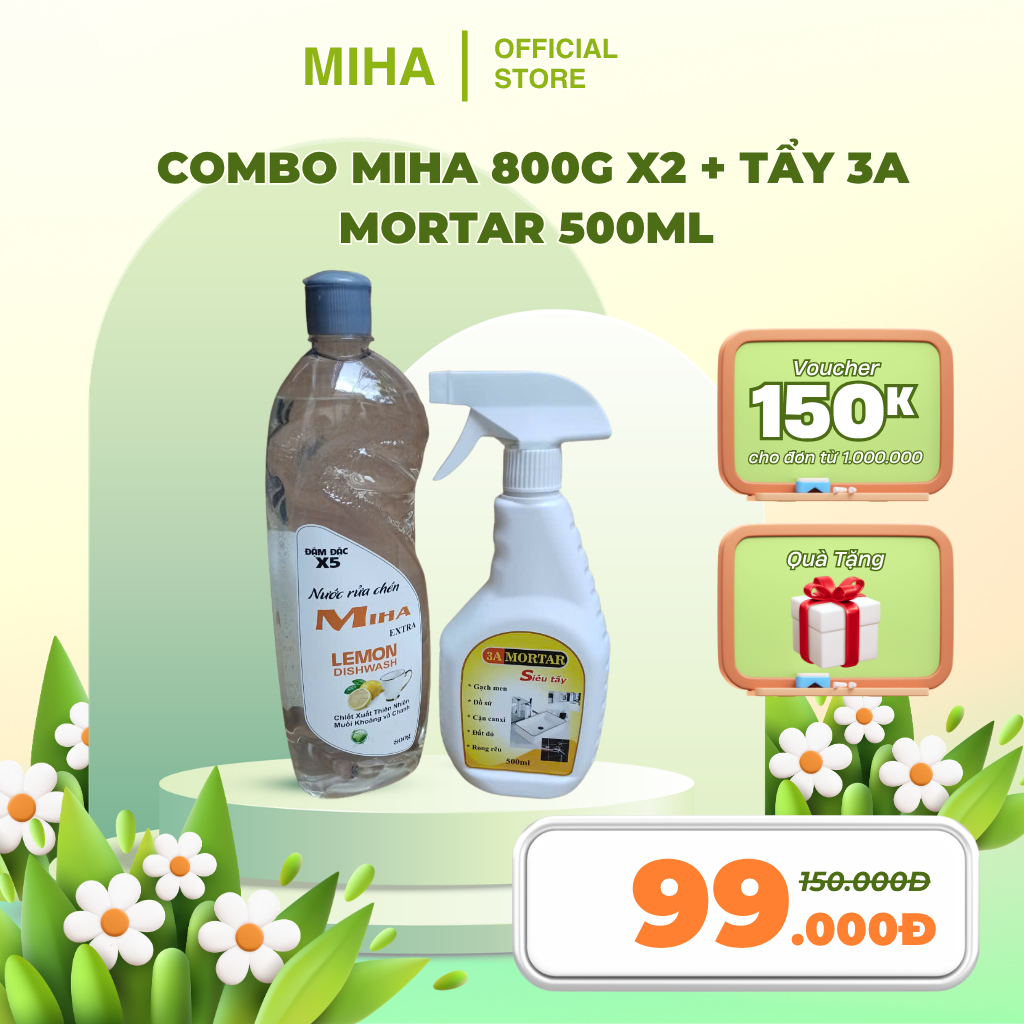 Combo Nước rửa chén Miha Extra X5 800gr + Tẩy gạch men sứ 3A Mortar 500ml – Rửa Chén Sạch Bóng