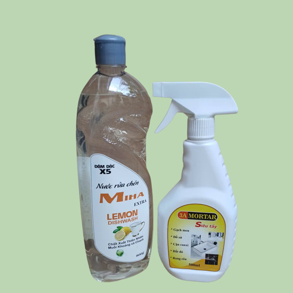 Combo Nước rửa chén Miha Extra X5 800gr + Tẩy gạch men sứ 3A Mortar 500ml – Rửa Chén Sạch Bóng