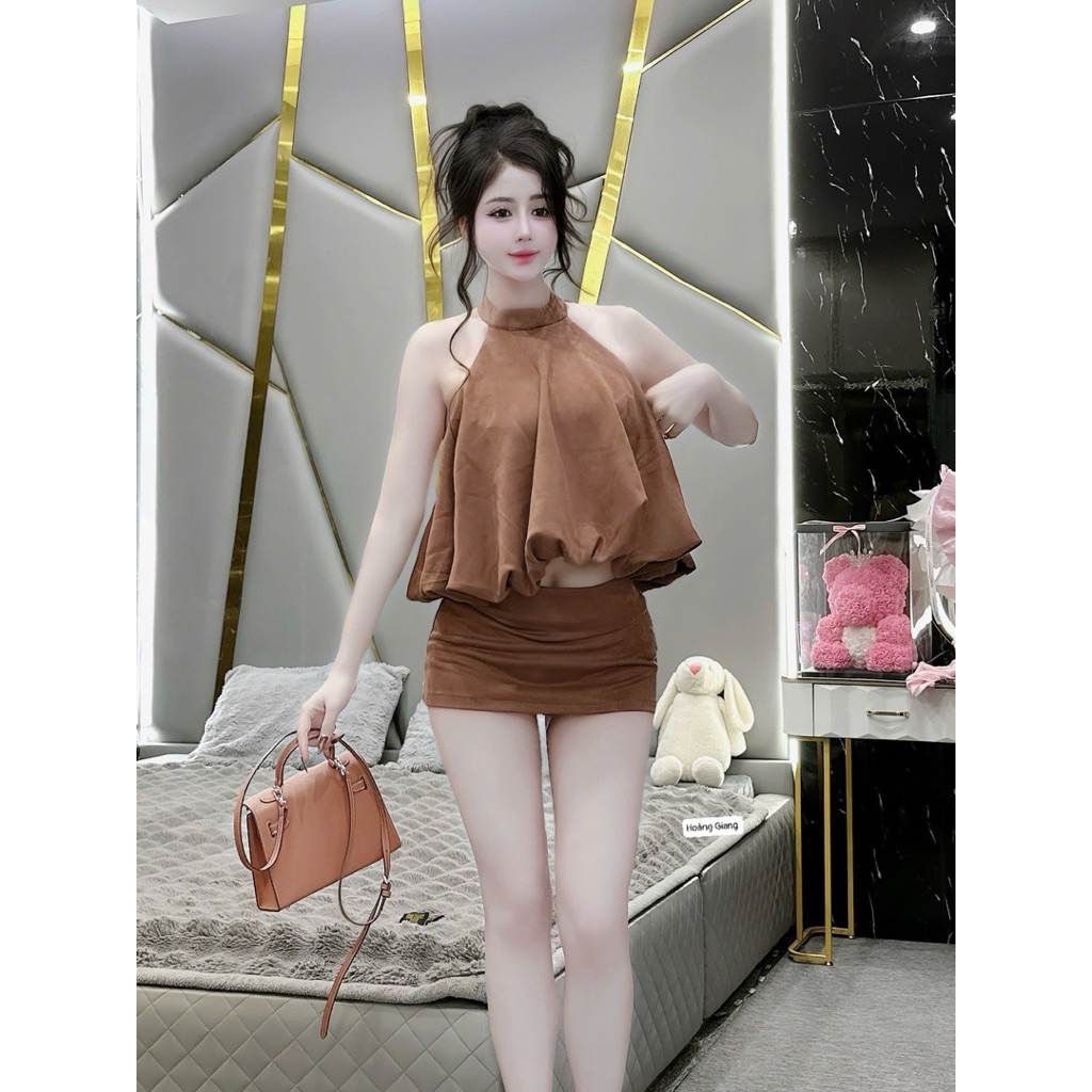 Set áo yếm da lộn bồng chân váy ôm