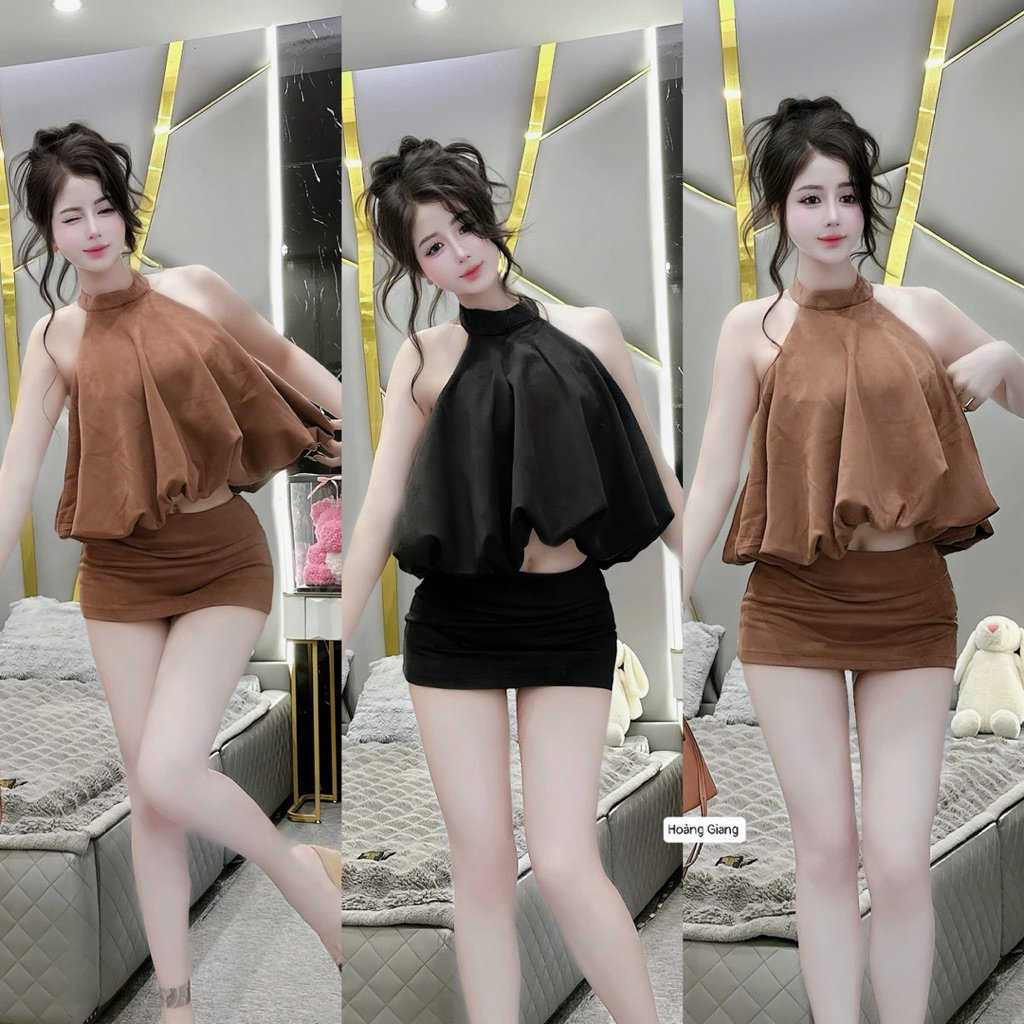 Set áo yếm da lộn bồng chân váy ôm