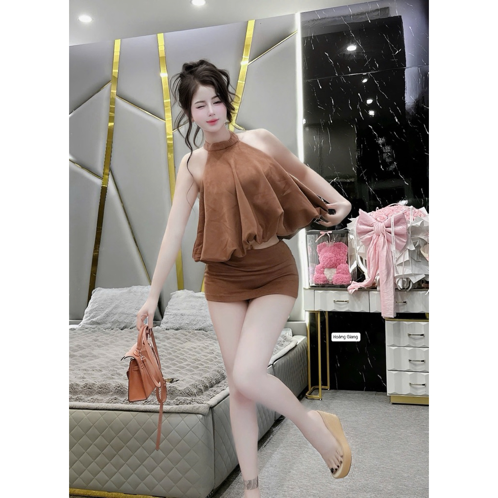 Set áo yếm da lộn bồng chân váy ôm
