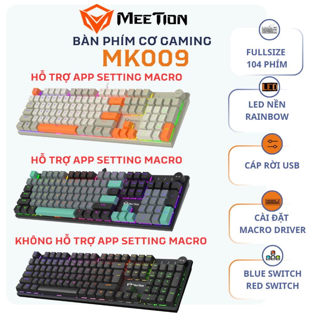 Bàn phím cơ gaming Meetion MK009 Fullsize 104 phím Hot-swappable, LED nền Rainbow, có App cài Macro