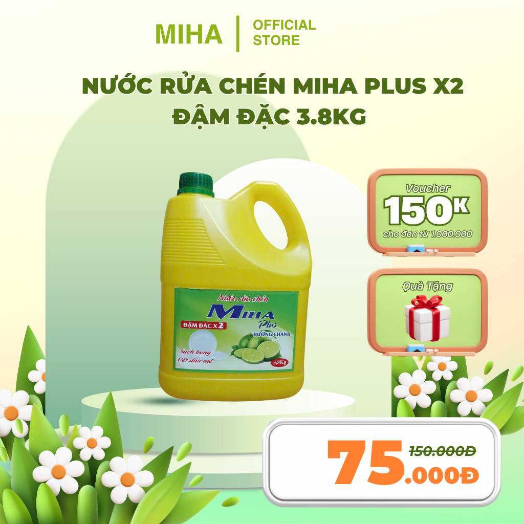 Nước Rửa Chén Miha Plus X2 Đậm Đặc 3.8kg – Sạch Dầu Mỡ, Không Nhờn, Tiết Kiệm
