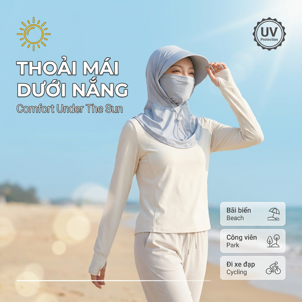Mũ Chống Nắng Nữ 3in1 Kèm Khăn Choàng Cổ Lụa Băng Thoáng Khí UPF50+