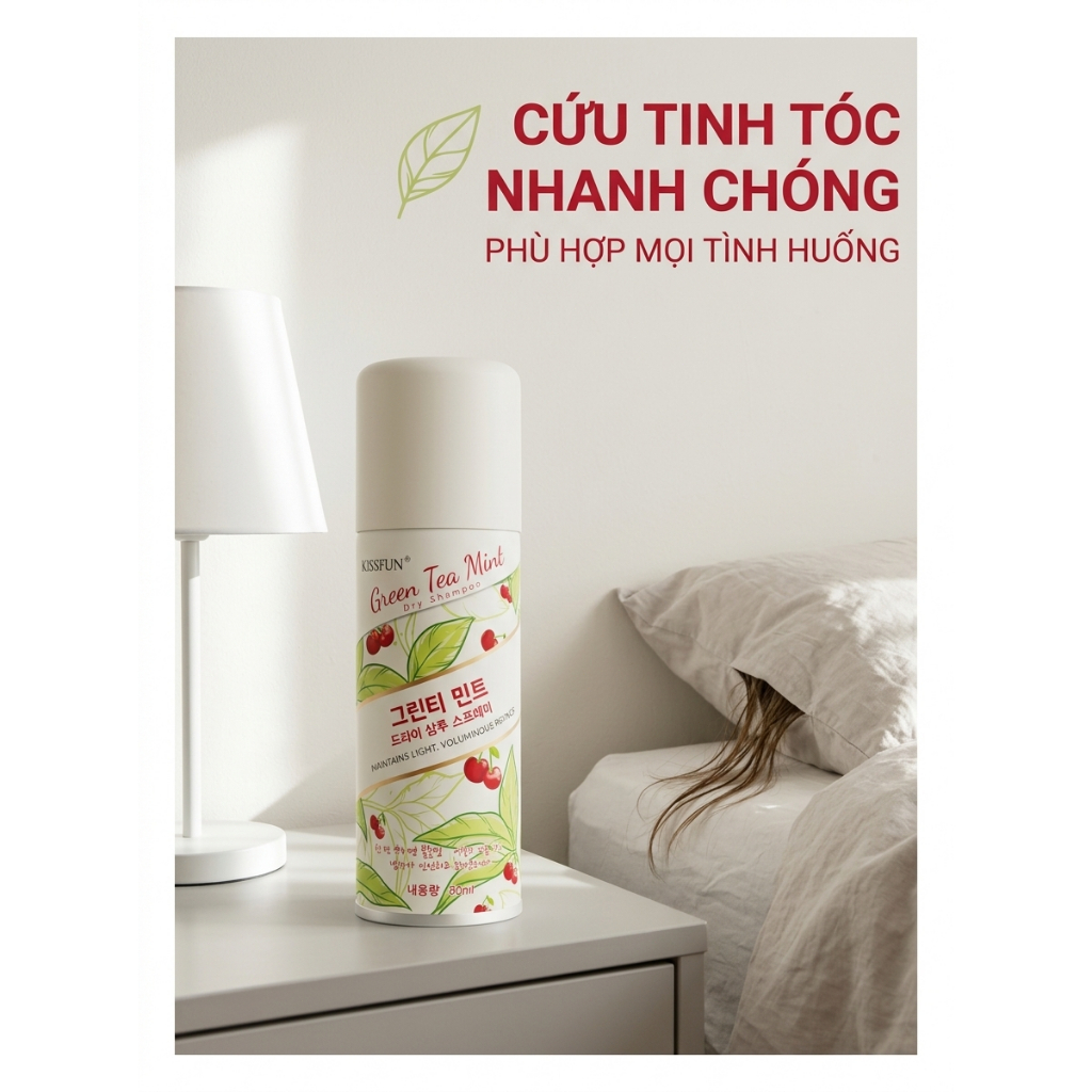 Xịt gội khô Trà xanh bạc hà KISSFUN - 80ml