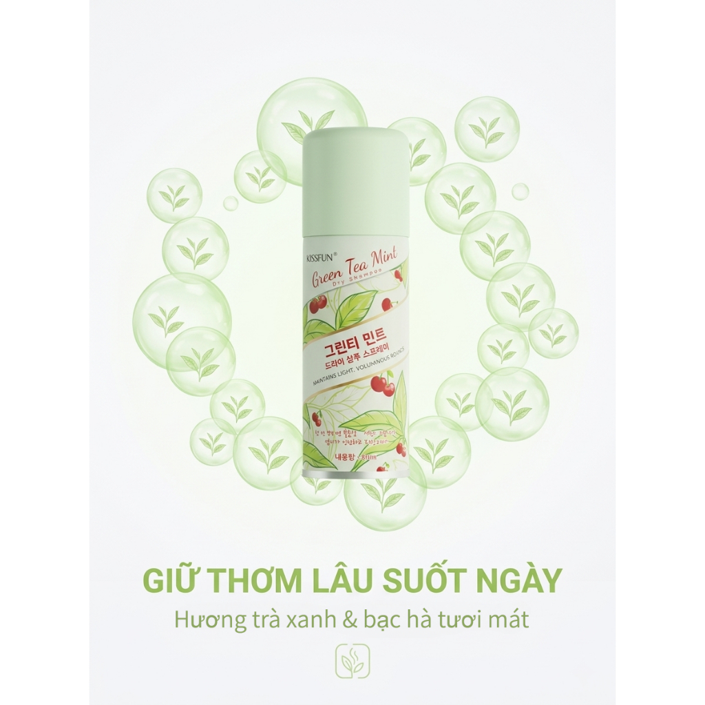 Xịt gội khô Trà xanh bạc hà KISSFUN - 80ml