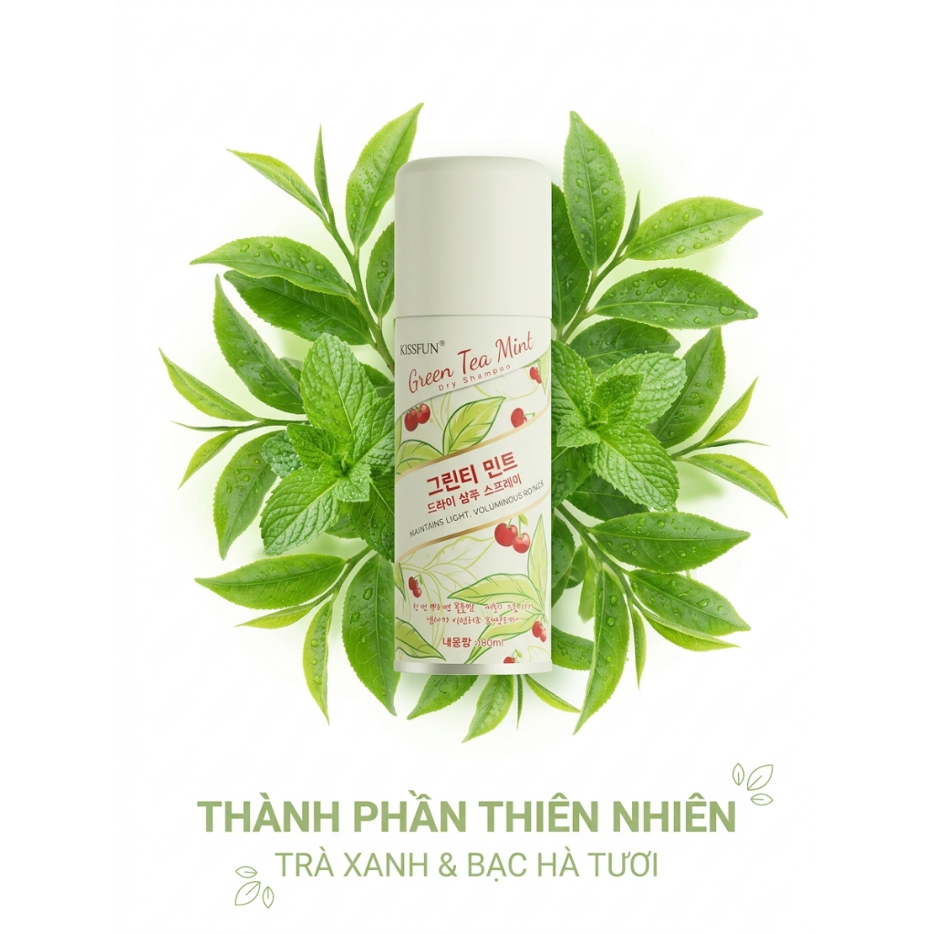 Xịt gội khô Trà xanh bạc hà KISSFUN - 80ml