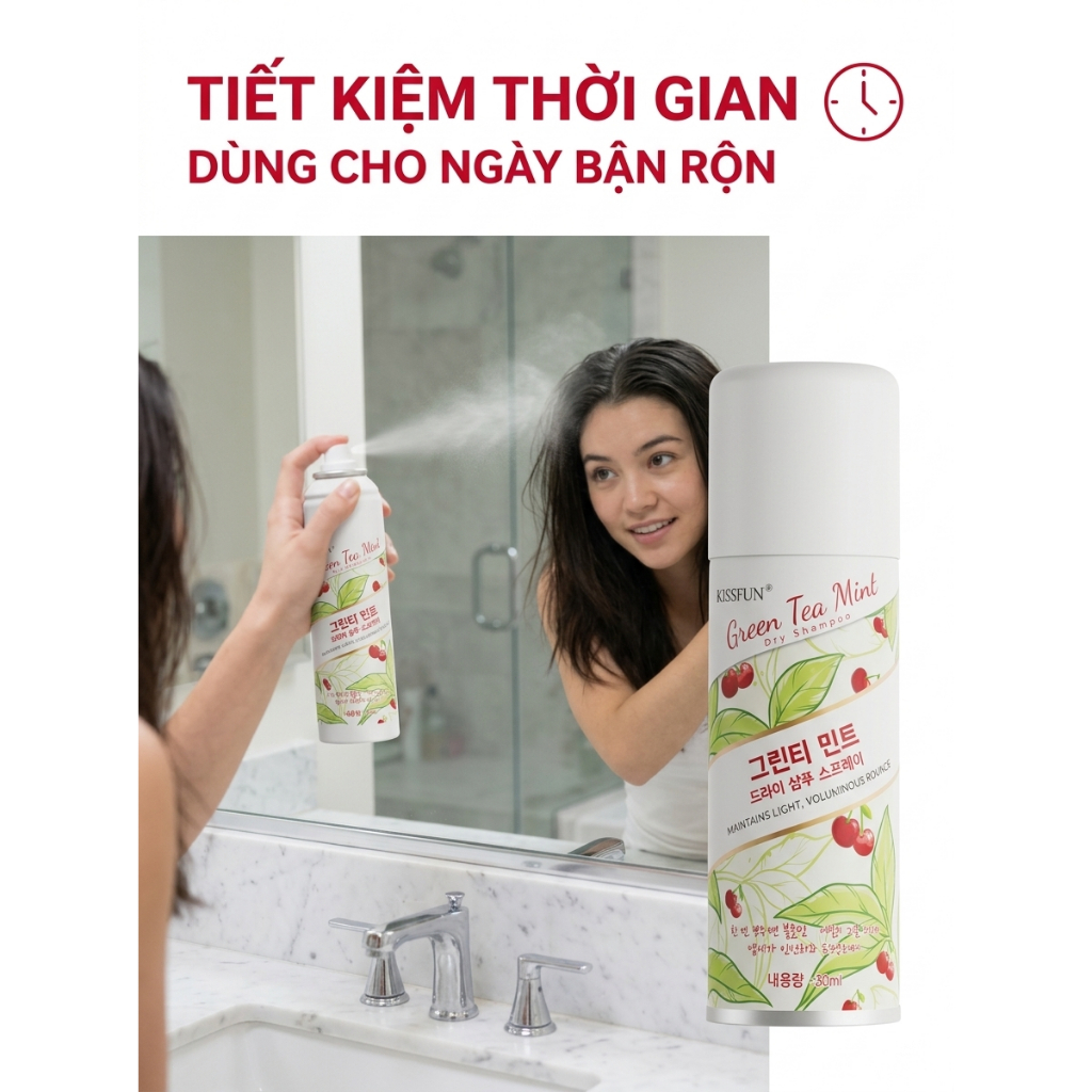 Xịt gội khô Trà xanh bạc hà KISSFUN - 80ml