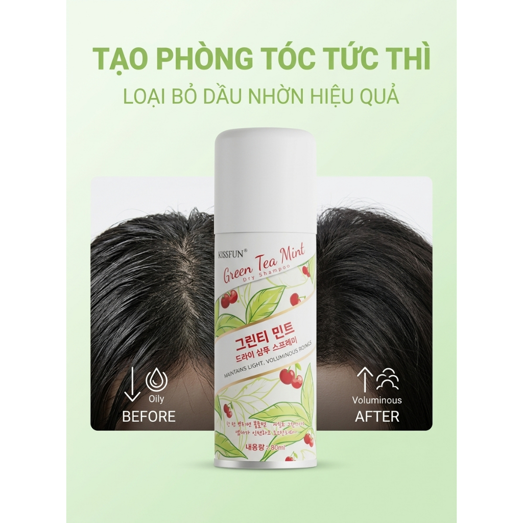 Xịt gội khô Trà xanh bạc hà KISSFUN - 80ml