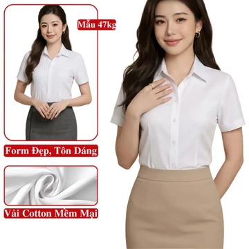 Áo Sơ Mi Nữ Trắng Ngắn Tay Công Sở Vải Cotton Madela. Áo Nữ Tay Ngắn Công Sở Mặc Hè Trong Bộ SP: Áo Sơ Mi Nữ, Sơ Mi Nữ