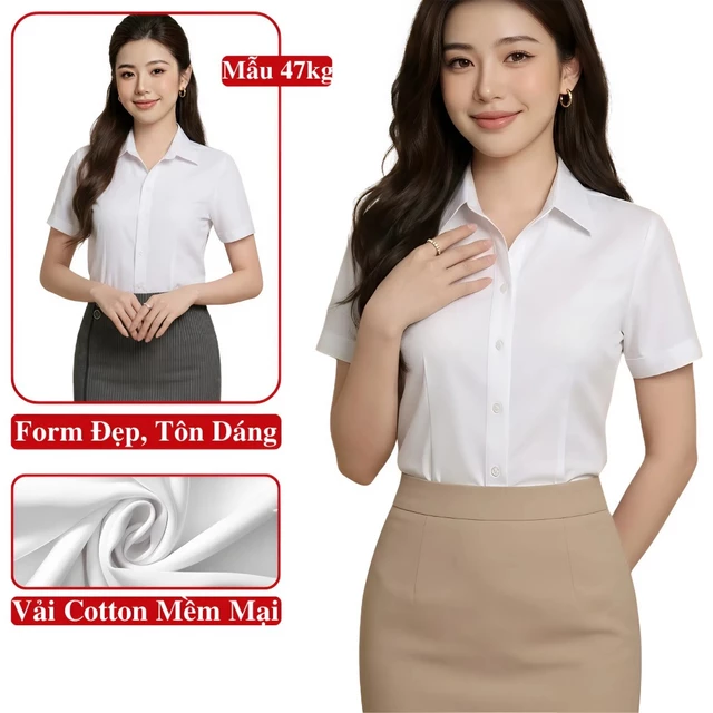 Áo Sơ Mi Nữ Trắng Ngắn Tay Công Sở Vải Cotton Madela. Áo Nữ Tay Ngắn Công Sở Mặc Hè Trong Bộ SP: Áo Sơ Mi Nữ, Sơ Mi Nữ