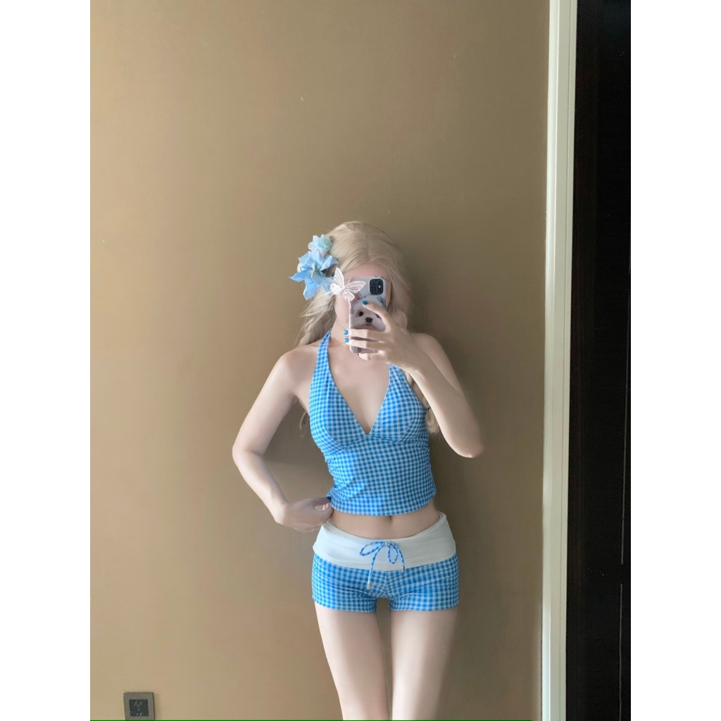 Bikini Nữ Caro Gingham Vintage 2 Mảnh – Áo Yếm Cổ V Tôn Ngực + Quần Short Lưng Cao Che Bụng, Đồ Bơi Đi Biển
