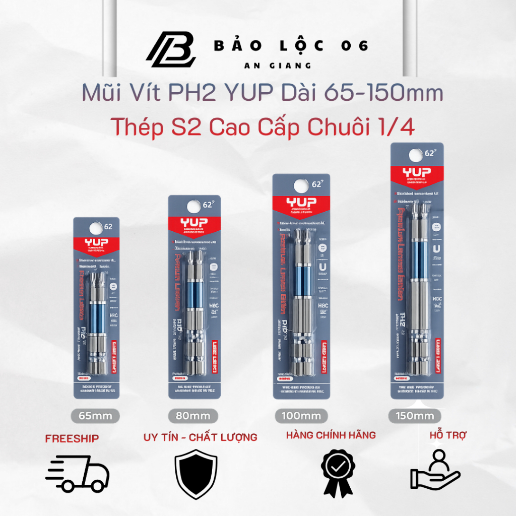 Mũi Vít PH2 YUP Dài 65-150mm Thép S2 Cao Cấp Chuôi 1/4” Bền Bỉ Chống Trượt Dùng Máy Bắn Vít