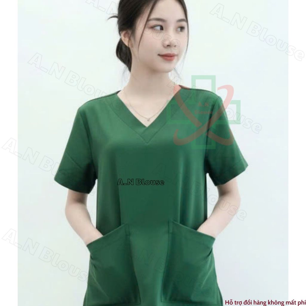 Bộ Scrubs Cotton Hàn - XANH LÁ - đồng phục kỹ thuật viên phục vụ bệnh viện, phòng khám, spa, thẩm mỹ viện