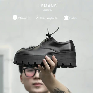 Giày chunky Derby nam LEMANS màu đen CĐ7.1, da bò, đế cao 7cm có khâu, Bảo hành 24 tháng