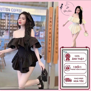 Set Áo Đầm Bèo Tiểu Thư Trễ Vai Nhún Eo Dáng Ngắn Xoè Kèm Quần Bí Ld_Store Fashion