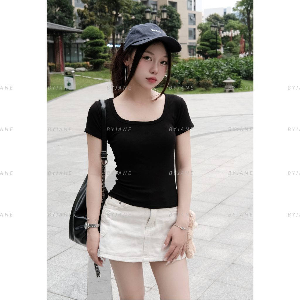 Áo Thun Nữ Cổ Vuông Ôm Body Tay Ngắn Cotton Co Giãn 4 Chiều Mềm Mịn Tôn Dáng Basic BYJANE – 242