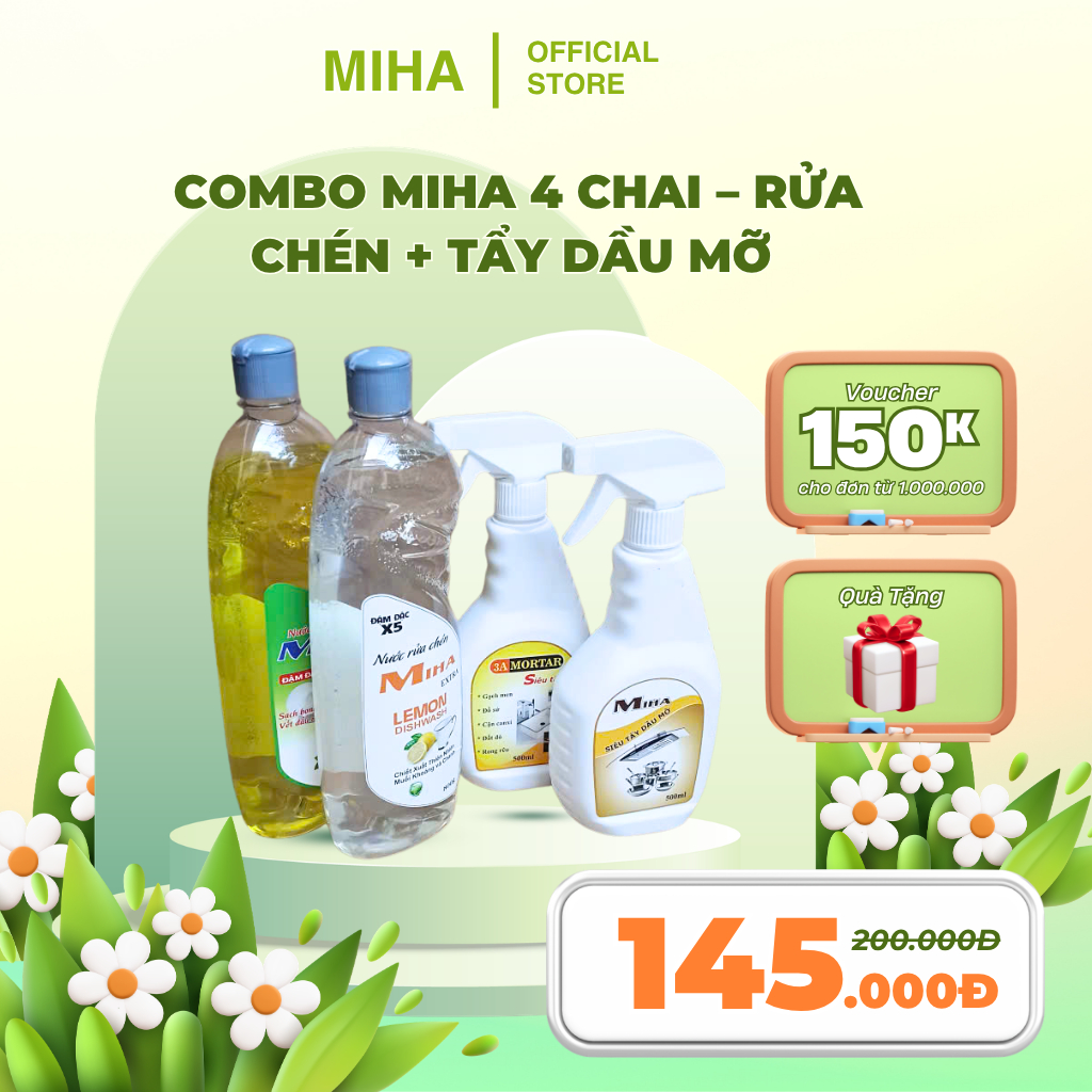Combo Miha 4 Chai – Rửa Chén + Tẩy Dầu Mỡ + 3A Mortar + Đậm Đặc, Sạch Dầu Mỡ Hiệu Quả